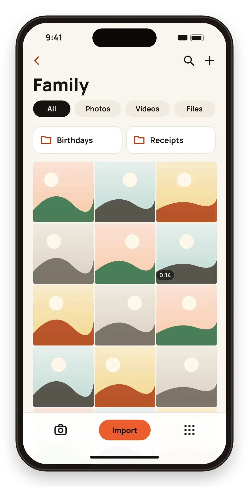 Inside a Hidegrid vault: folders, filters for photos, videos and files, a photo grid and an Import button