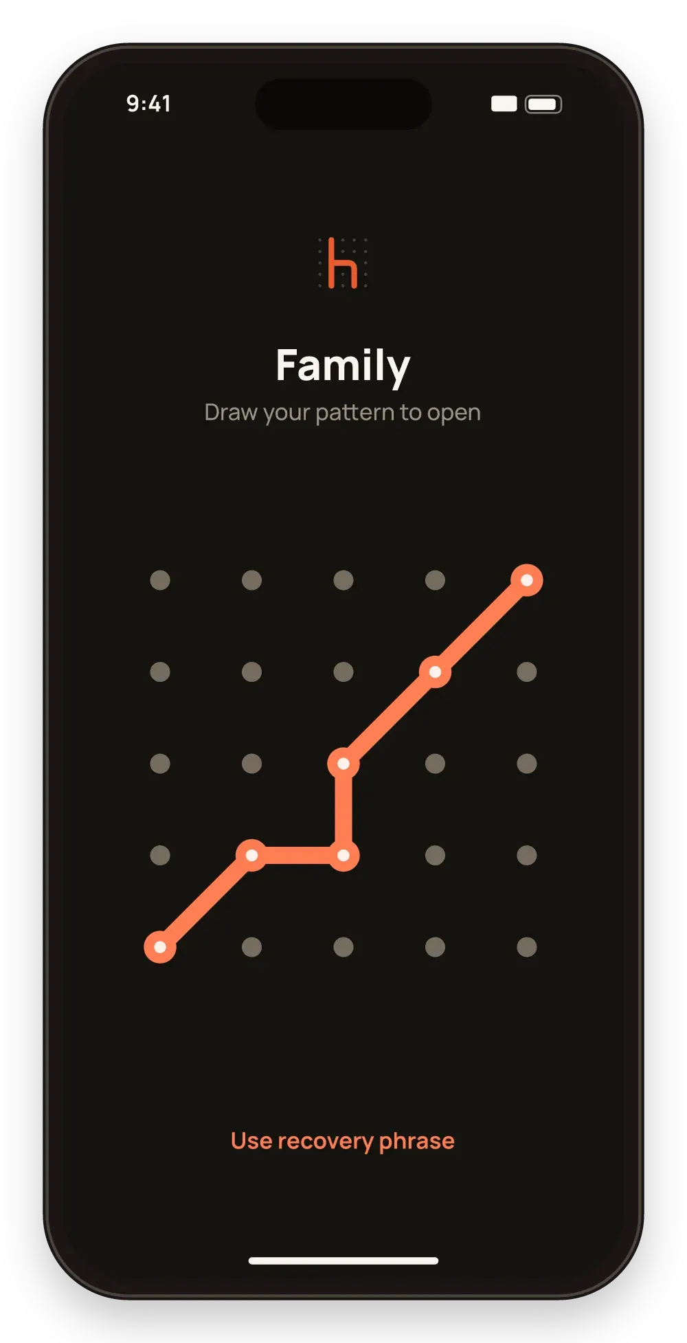 Hidegrid unlock screen in dark mode: a pattern drawn across the 5×5 dot grid to open a vault