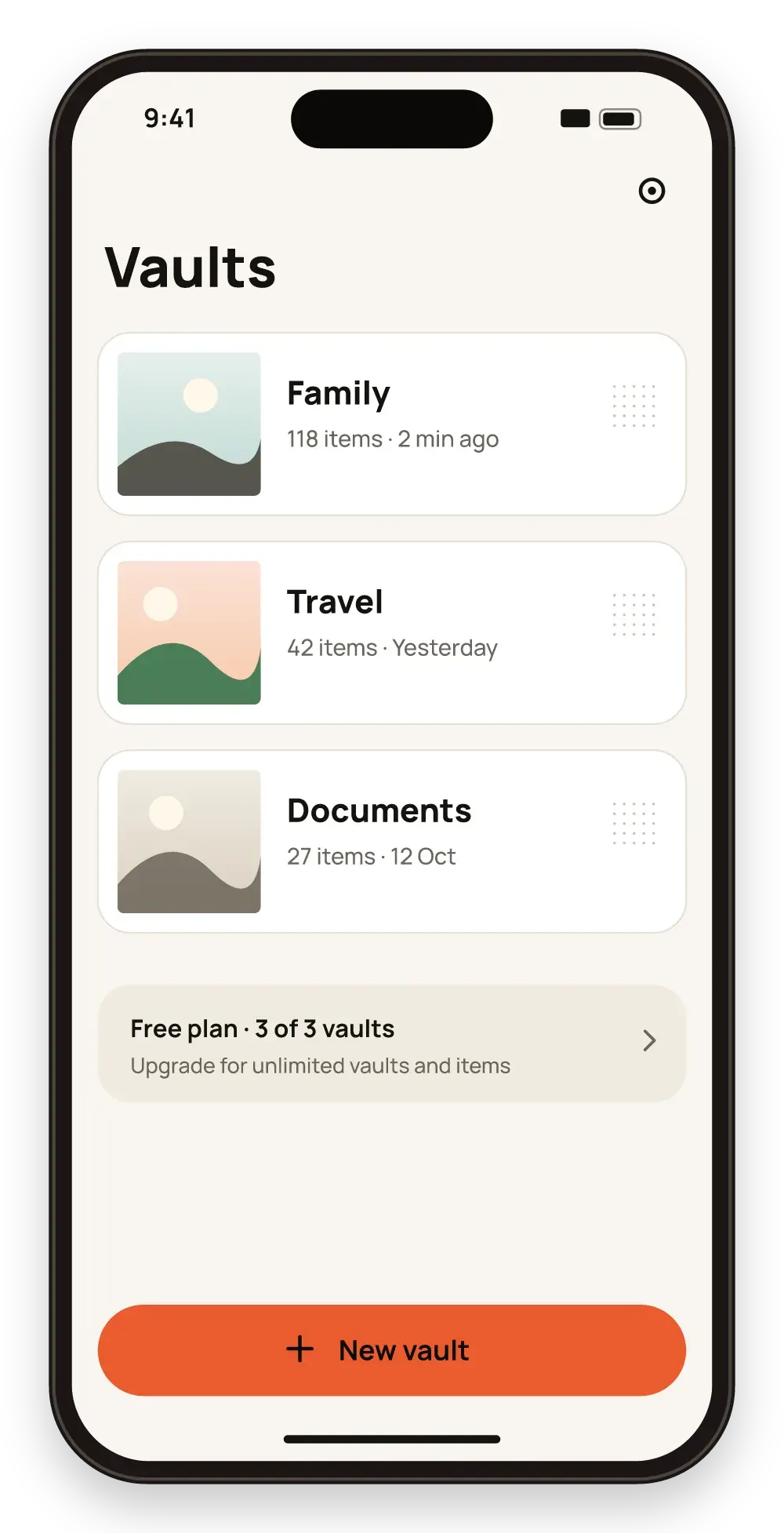 Hidegrid vault list with three vaults, Family, Travel and Documents, on the free plan